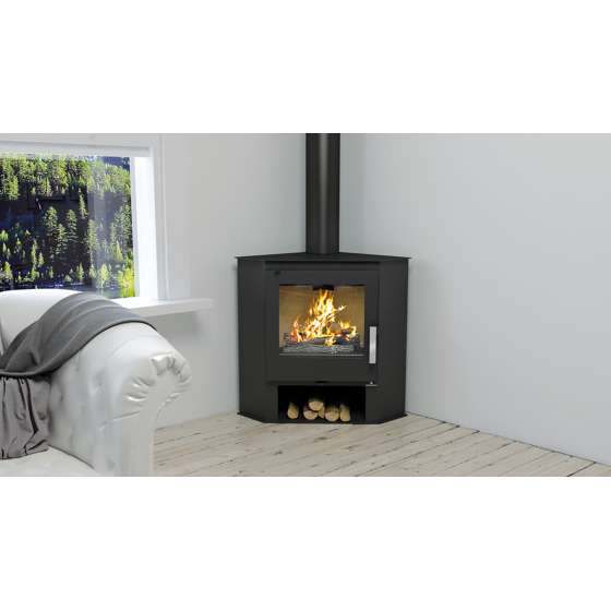 Poêle à bois d'angle Bronpi LERMA gris anthracite 9 kW avec range-bûches