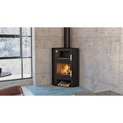 Poêle à bois d'angle Bronpi LERMA-H anthracite 9 kW avec range-bûches et four