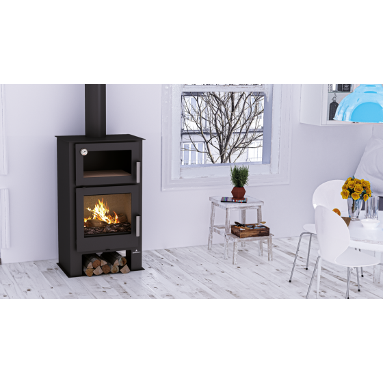 Poêle à bois Bronpi GIJON-H anthracite 9 kW avec range-bûches et four