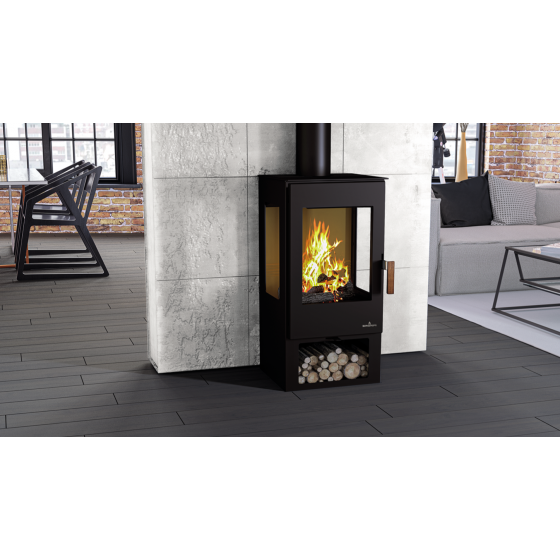 Poêle à bois 3 vitres Bronpi ESTRELLA avec range-bûche 7 kW