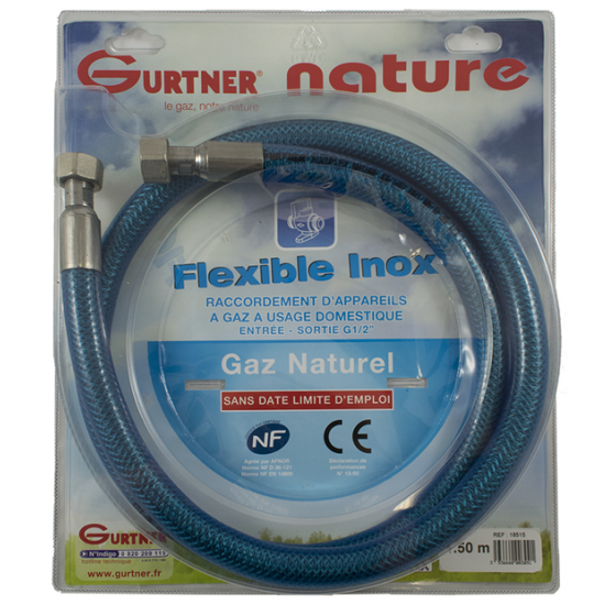 Flexible inox à vie Gurtner gaz naturel longueur 1m50 - 18515