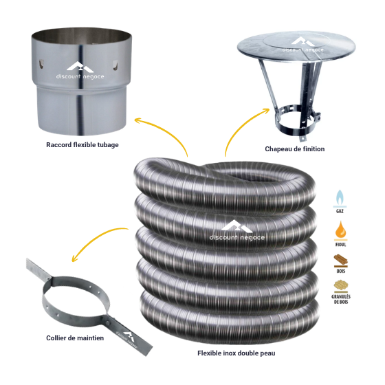 Kit 7 m flexible inox double peau inox avec raccord, collier et chapeau