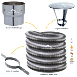 Kit 6 m flexible inox double peau inox avec raccord, collier et chapeau