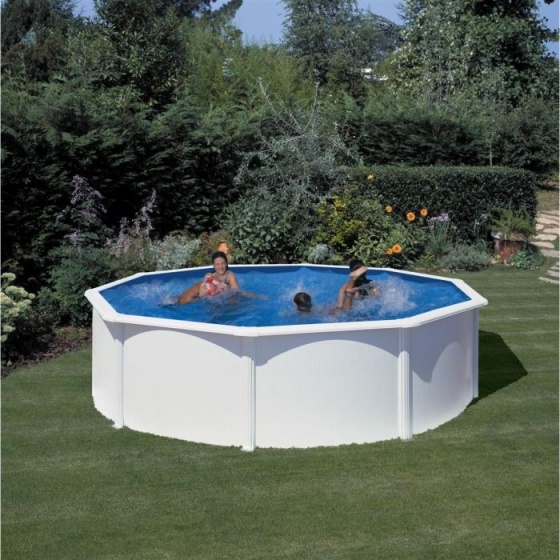 Piscine ronde en acier blanc Ø 4.60 m Ht 1.20 m - 3 m3/hLivré avec Groupe filtration + Echelle + Liner