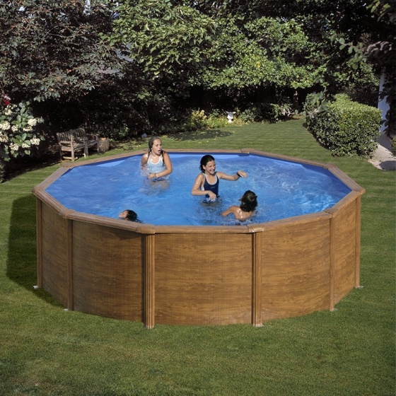 Piscine ronde imitation bois 3.50 m Ht 1.20 m - 3 m3/hLivré avec Groupe filtration + Echelle + Liner