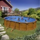 Piscine ovale avec jambe de force imitation bois 6.10 x 3.75 m Ht 1.20 m - 3 m3/hLivré avec Grp filtration + Echelle + Liner