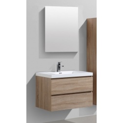 Ensemble Meuble de 600 BALI Chêne clair 2 Tiroirs + Vasque simple en marbre de synthèse + Miroir rectangulaire 