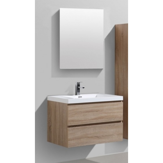 Ensemble Meuble de 600 BALI Chêne clair 2 Tiroirs + Vasque simple en marbre de synthèse + Miroir rectangulaire 